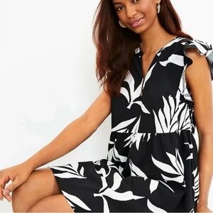 LOFT Black and White Botanical Tiered Mini Dress